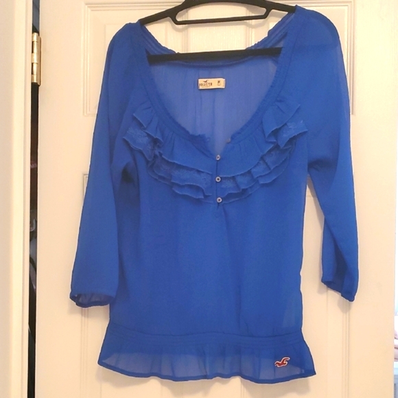 Royal Blue Sheer Ruffle Top - Picture 2 of 9
